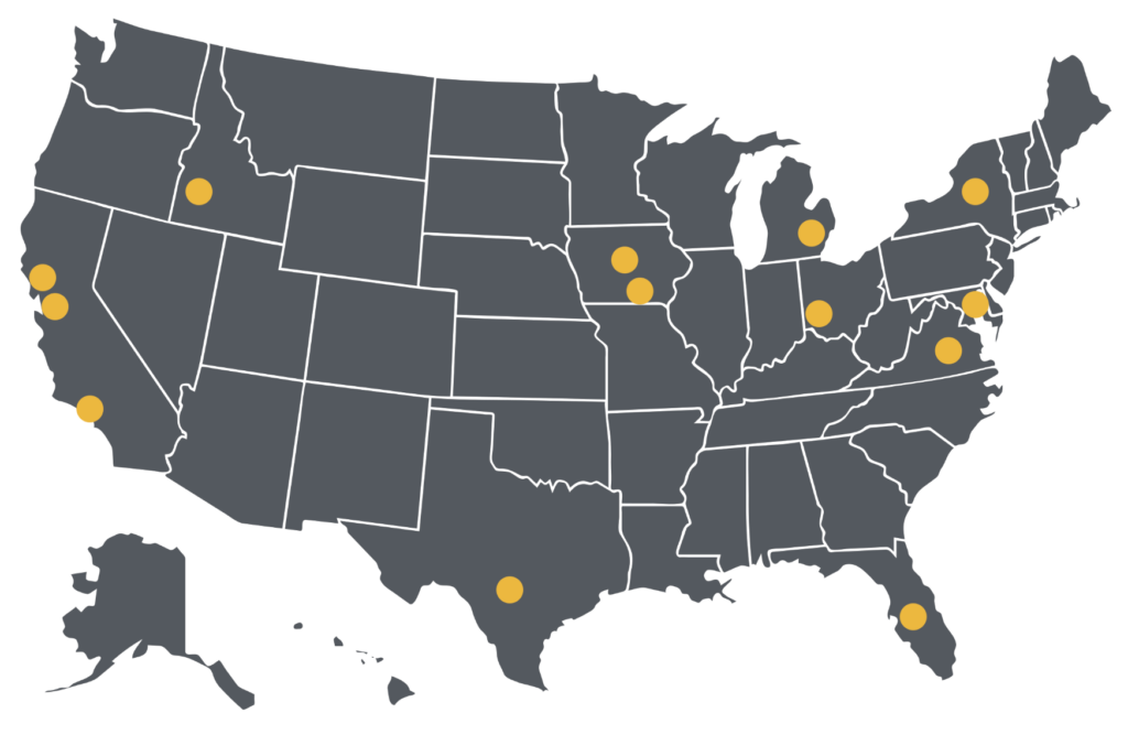 US map with yellow dots indicating school districts participating in the HVAC Change Lab