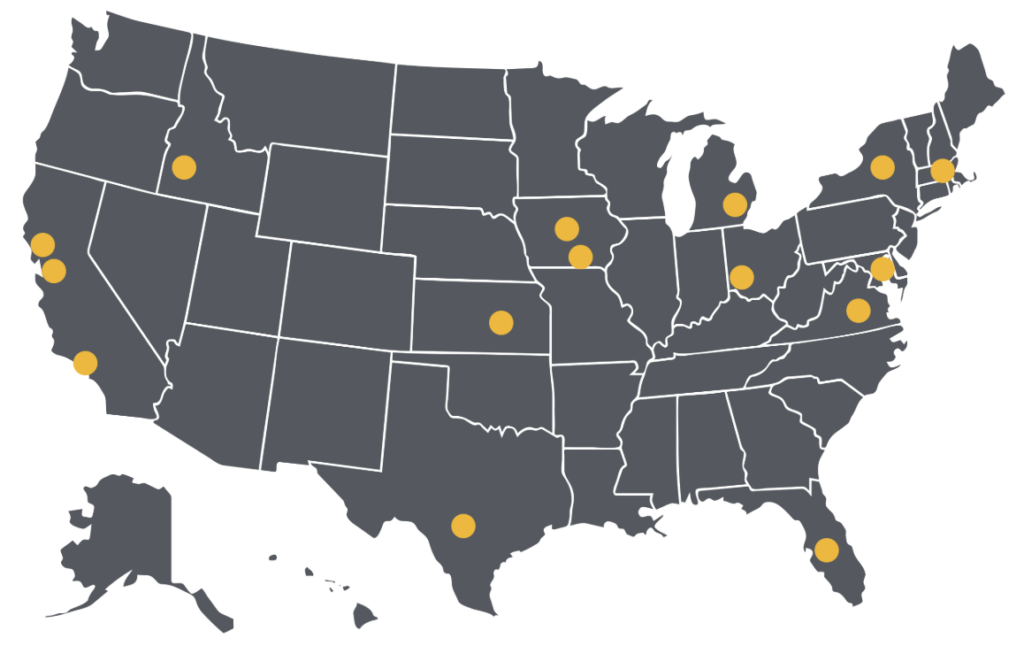 US map with yellow dots indicating school districts participating in the HVAC Change Lab